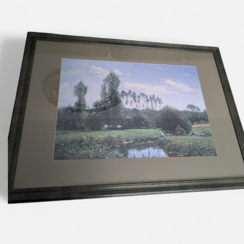 Vintage Framed Landscape Print Pond Garden Scene Black Wood Frame Cottage Wall